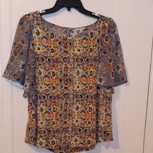 women XL short sleeve top blue ivory brown, LUCKY Brand